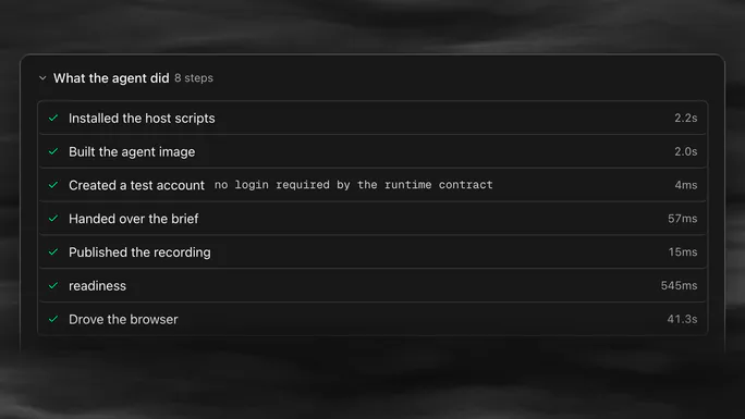 The browser agent's setup steps in an example run in the Atlantic app, each with a check mark.