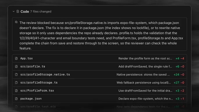 The code step of an example run in the Atlantic app: a review note that blocks the change, and the files the run changed.