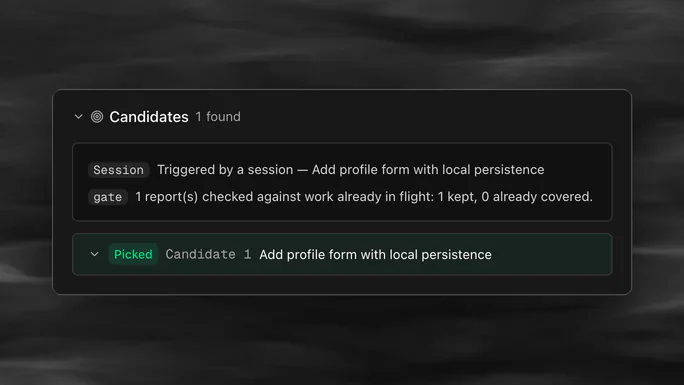 The candidates log of an example run in the Atlantic app: the request that started the run, the check against work already in flight, and the candidate that was picked.