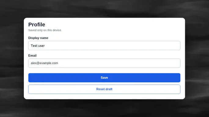 A frame from the QA recording of an example run: a browser agent has typed a test name and an example.com address into a profile form.