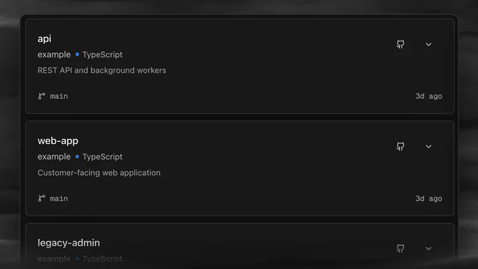 Repository cards on the repositories page of the Atlantic app in an example workspace, among them api and web-app.