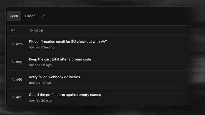 The review queue of the Atlantic app in an example workspace: open pull requests listed with the time they were opened.