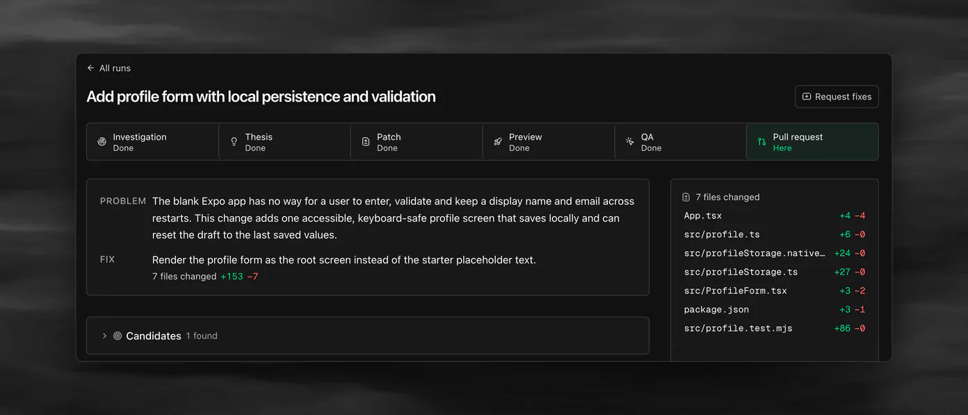 The page of an example run in the Atlantic app, a run whose change touched seven files.