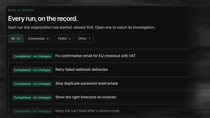 The runs page of the Atlantic app in an example workspace: the newest runs listed with their status and title.