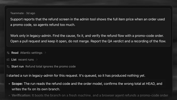 An example session in the Atlantic app: a request, then Atlantic reads its settings, lists recent runs and starts a run.