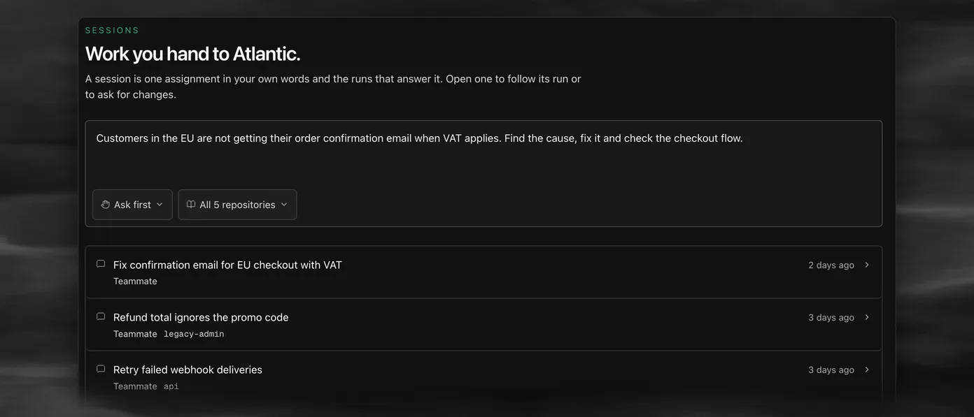 The sessions page of the Atlantic app in an example workspace: an example request about missing order confirmation emails typed into the composer.
